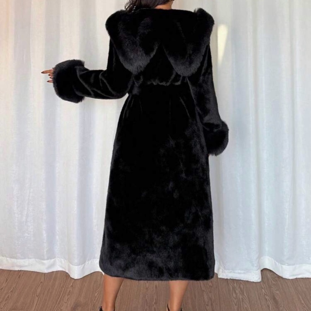 Elegant Black Faux Fur Long Coat - Luxury Women's Outerwear - Picture 3 of 6